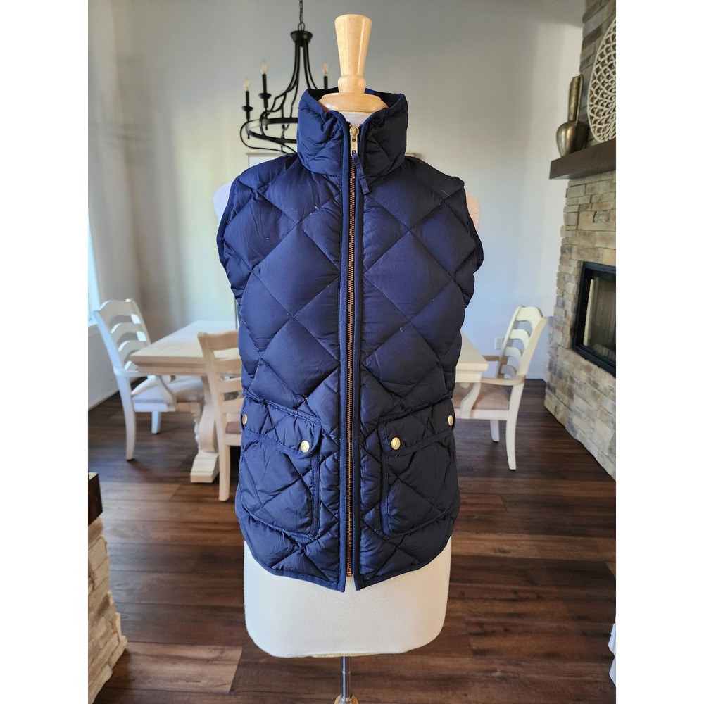 J.Crew Navy Blue Down Filled Quilted Puffer Vest XS Womens Lightweight Gold Zip